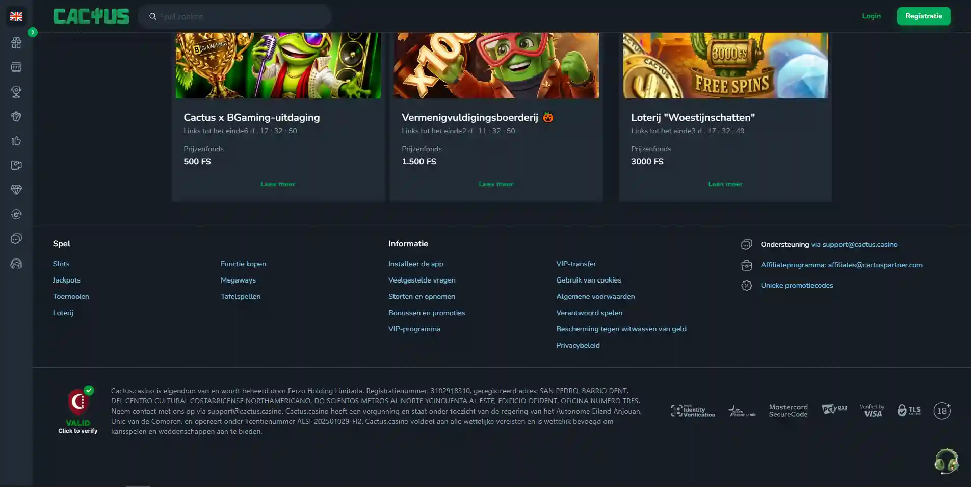 Echte bronweergave van de officiële Cactus Casino website met merk- of licentiecontext