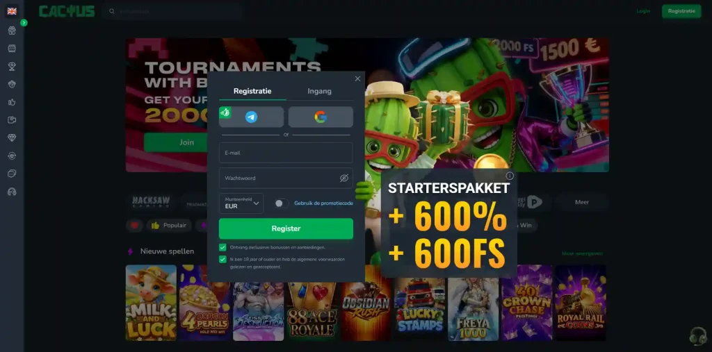 Actuele officiële registratie- of accountinterface van Cactus Casino