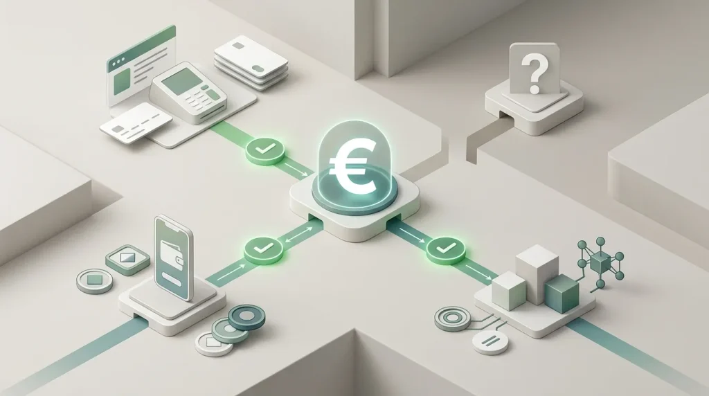 Illustratie van betalen in euro via kaarten e-wallets en crypto met een aparte controle voor iDEAL
