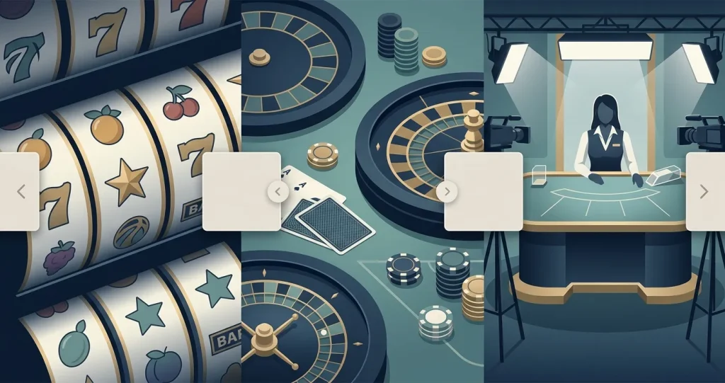 Illustratie van een casino-overzicht met slots tafelspellen en live dealer categorieën
