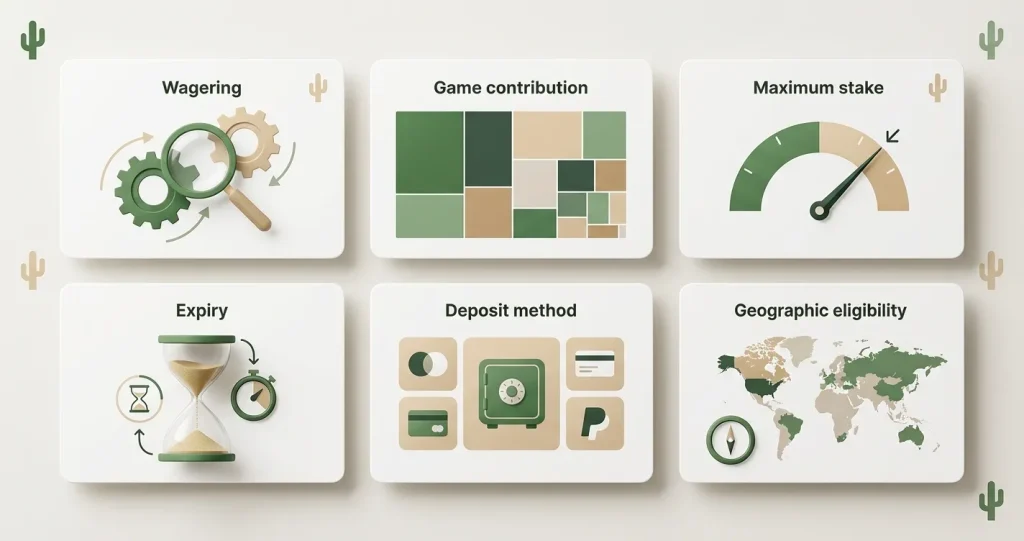 Illustratie van een checklist voor bonusvoorwaarden bij Cactus Casino