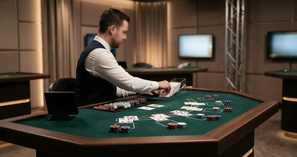 Illustratie van een neutrale live-casinotafel met speelkaarten en fiches