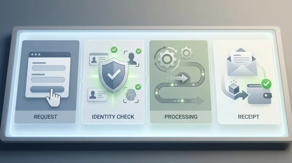Illustratie van een opnameproces met aanvraag identiteitscontrole verwerking en ontvangst